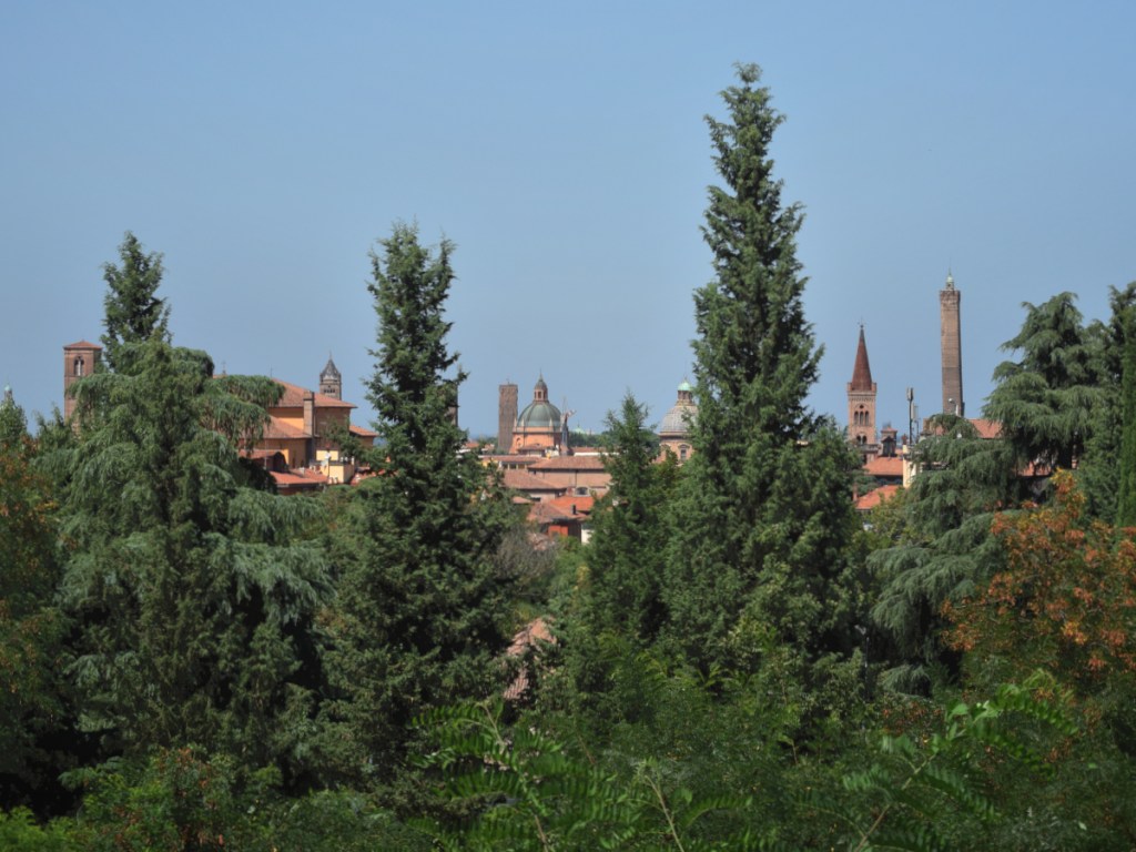 Towers in Bologna, Italy stand tall in the background, as cypresses resemble them in the foreground.