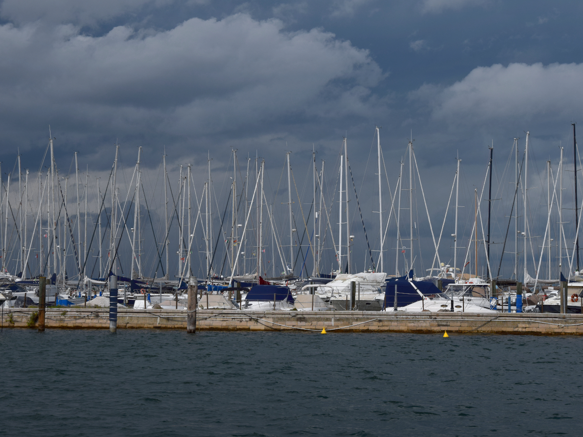 Parked yachts in Chioggia's marina bracing themselves for upcoming bad weather.